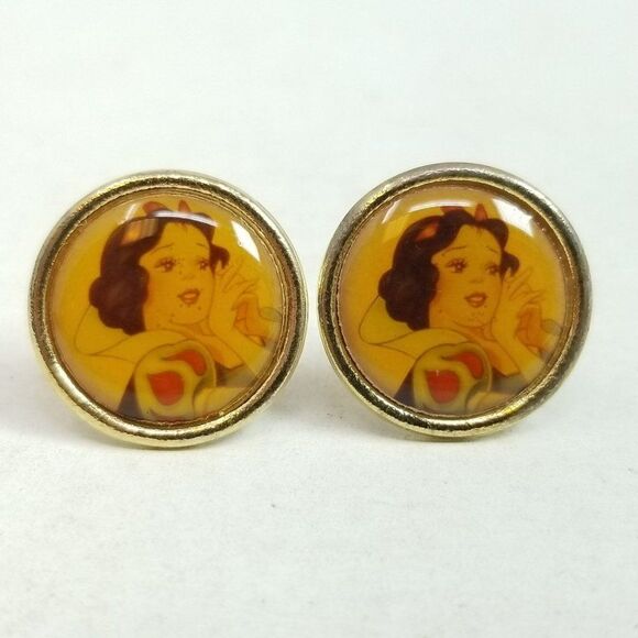 Vintage Jewelry - Vintage Snow White Design Round Stud Earrings, Gold Tone Setting, Estate